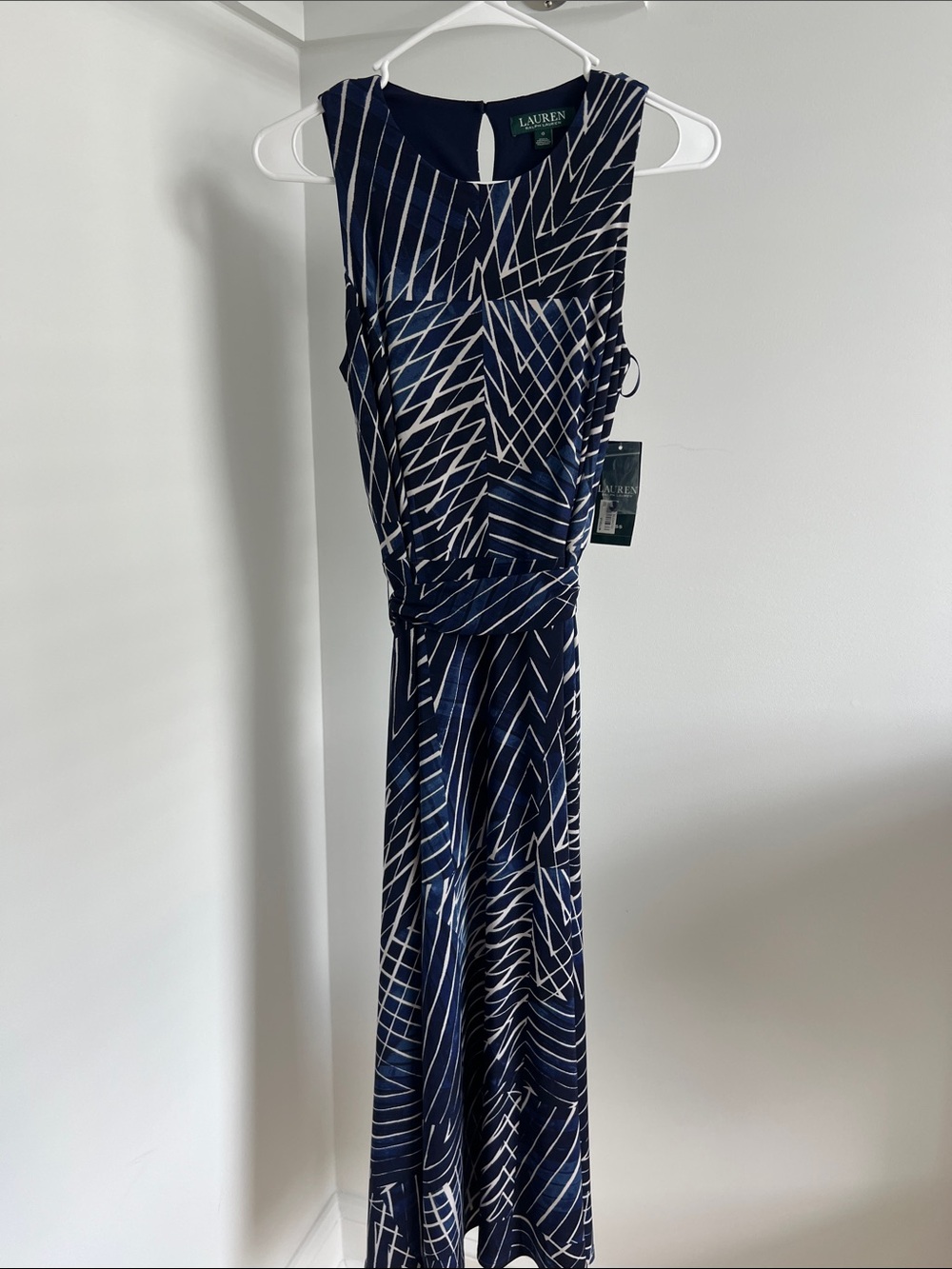 Lauren Ralph Lauren Navy and White Graphic-Print Sleeveless Midi Dress